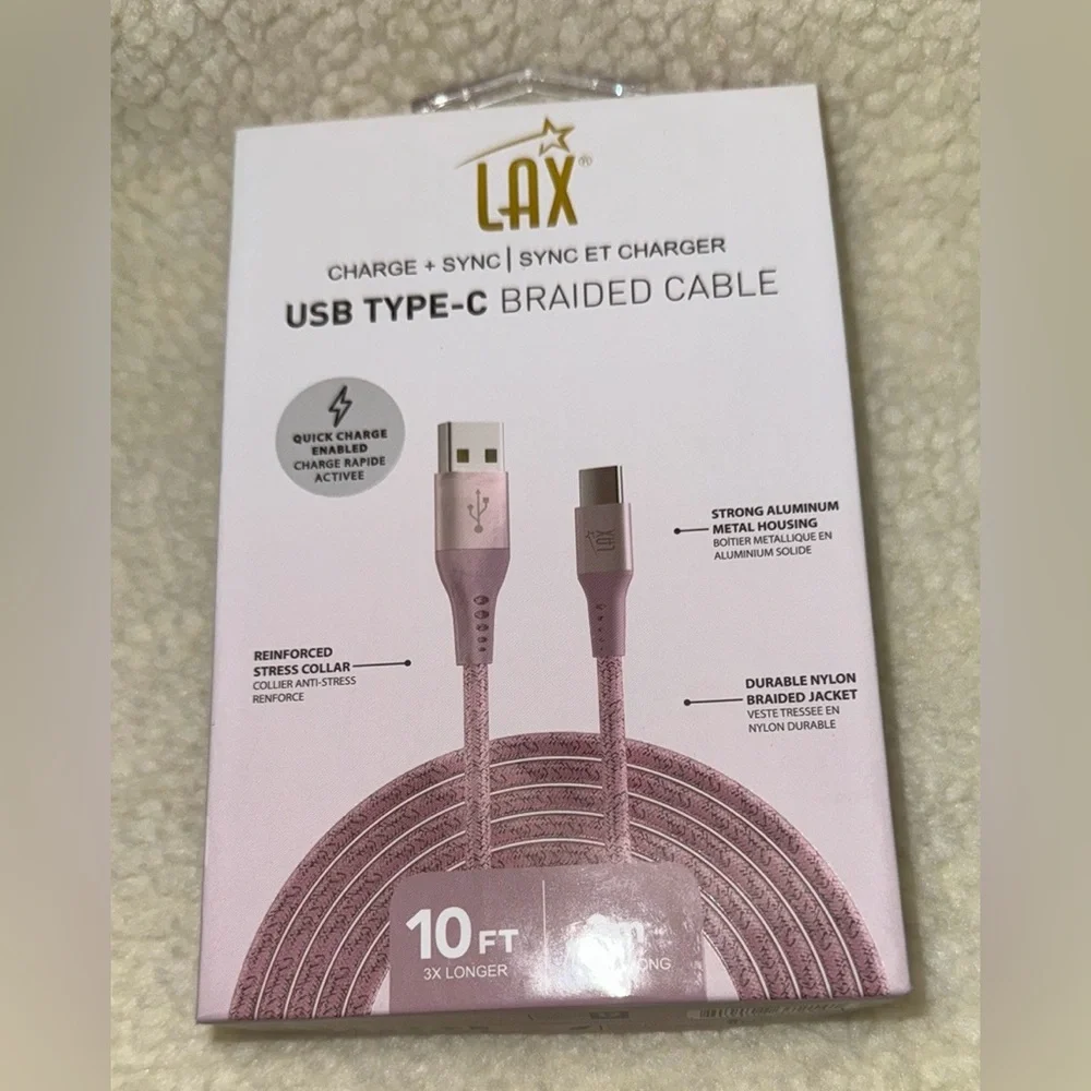 LAX Pink USB Type-C Braided Cable - 10ft, Android Compatible, NEW in Box